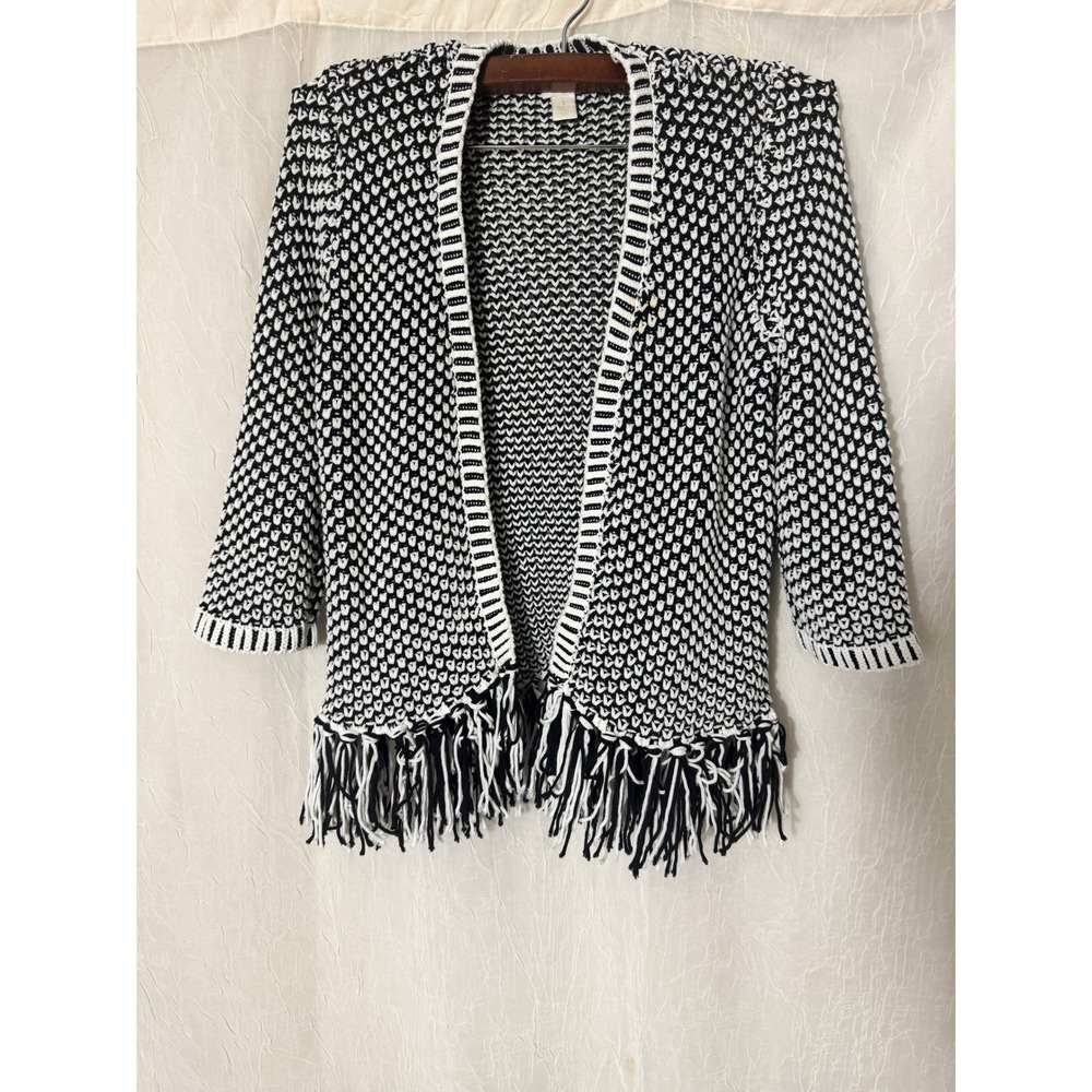 Chico's Cardigan Womens 1 Medium Black White Excellent Fringe Geometric Knit